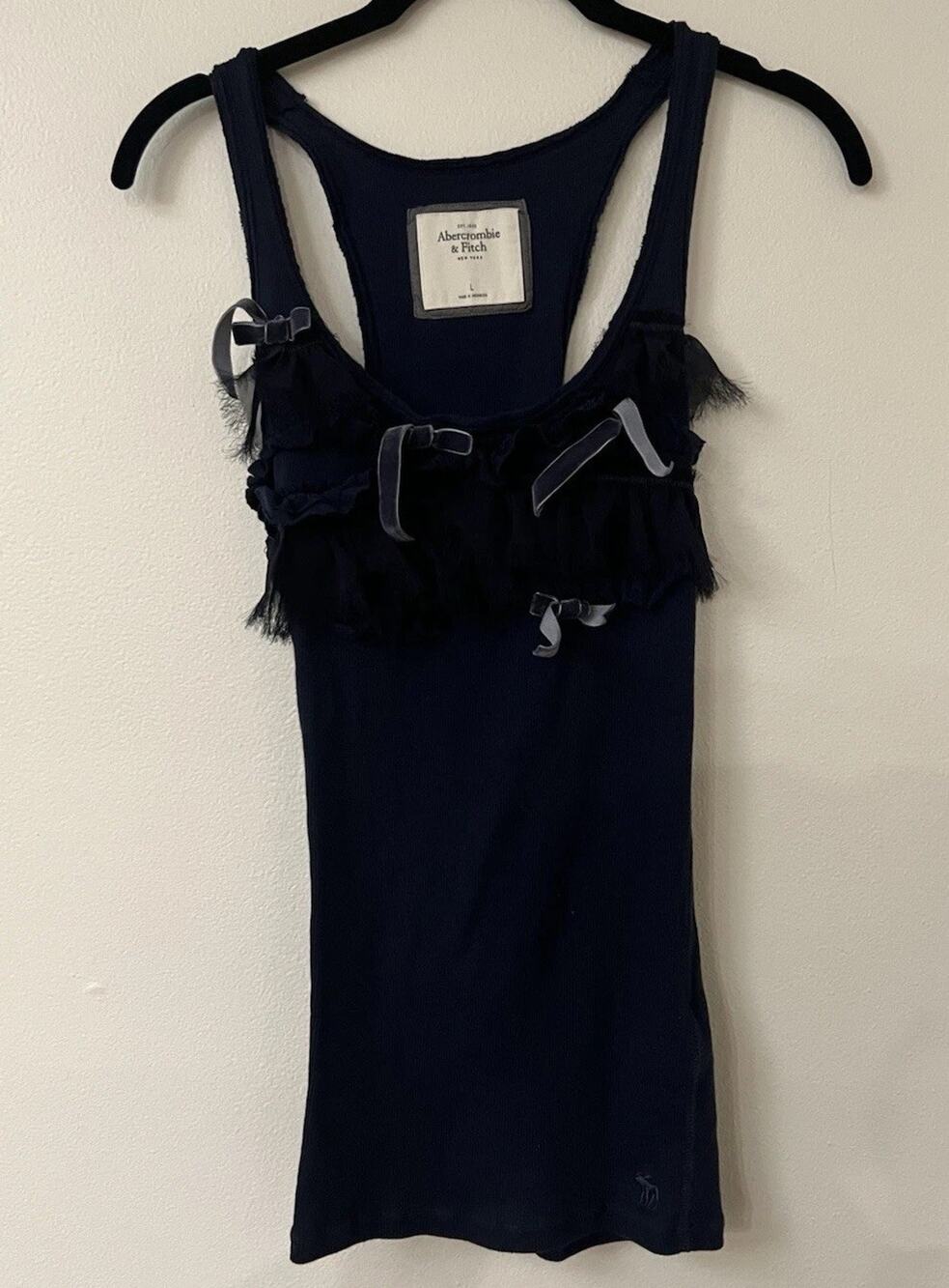 Abercrombie And Fitch Cotton Ribbed Tank Top Bow Embroidered Velvet Navy Blue L